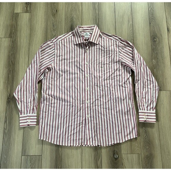 LACOSTE Long Sleeve Button Up Mens Size XL 46 Dress Shirt Vertical Striped Shirt - Picture 1 of 11